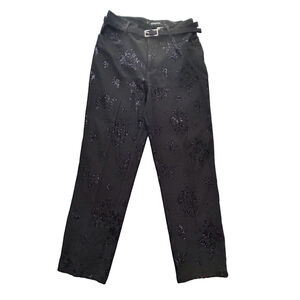 Mesmerize Black Glitter Floral Ankle Cropped Pants Size 12 Belted
